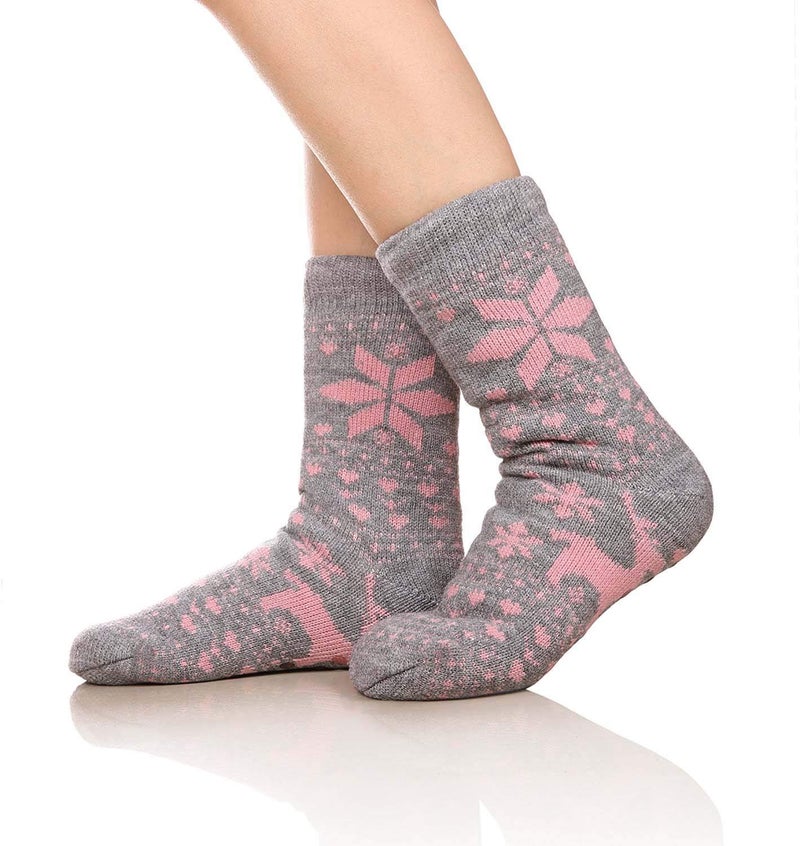 FRALOSHA Fuzzy Warm Slipper Socks Women Winter floor Socks Super Soft lined with Grippers reading Socks Cozy Sleeping Reindeer Sock (Pink) - Image 2